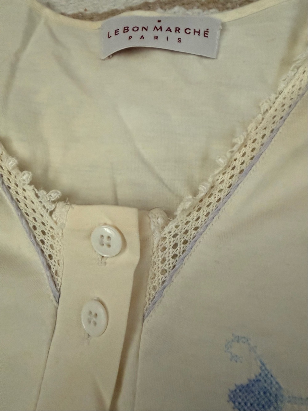 Le Bon Marché Paris Cream Oatmilk Blue Delicate Embroidered Sleep Shirt PJ Top M